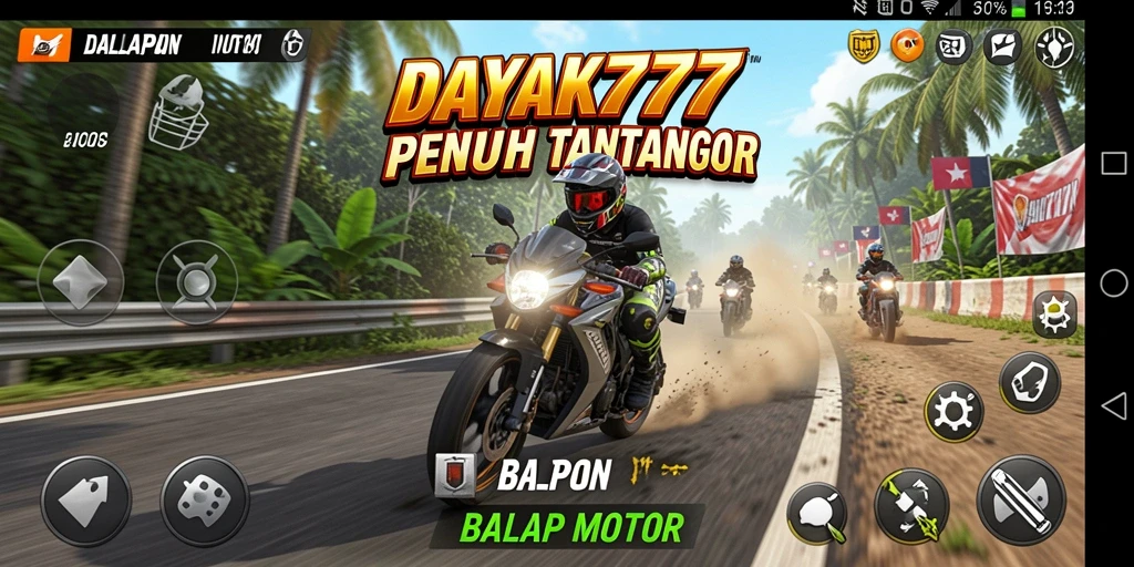 Screenshot utama DAYAK777 menampilkan aksi balapan motor yang mendebarkan.